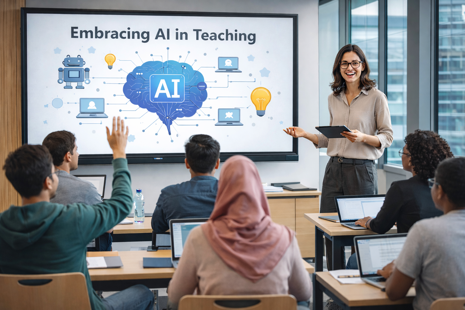 Embrace It, Don't Shame It — a teacher presenting on Embracing AI in Teaching to an engaged classroom of students with laptops.